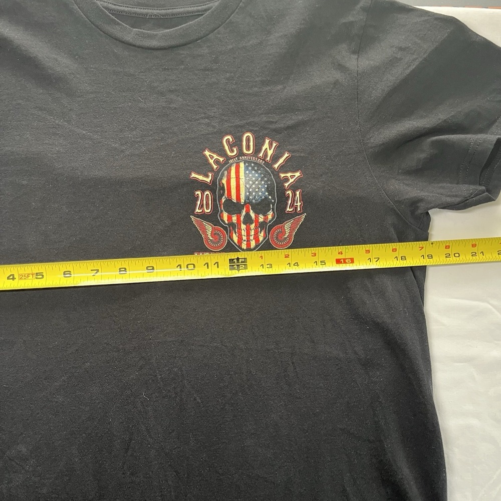 Laconia New Hampshire Motorcycle T-Shirt Medium Black American Flag Skull - Picture 6 of 6